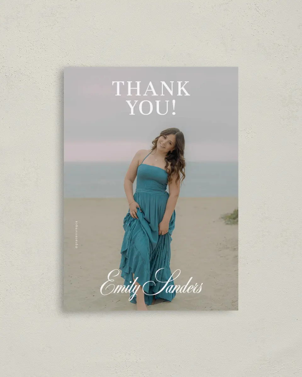 This is a 4" x 5.6" Graduation Thank You Postcard called Scholarly Elegance printed in full color on Soft Touch Finish paper