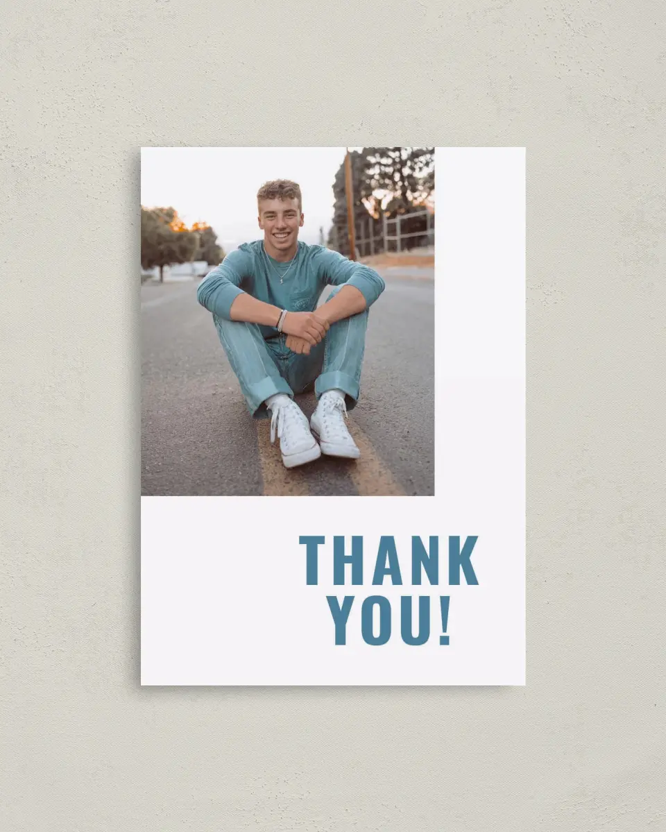 This is a 4" x 5.6" Graduation Thank You Postcard called Modern Milestone printed in full color on Soft Touch Finish paper