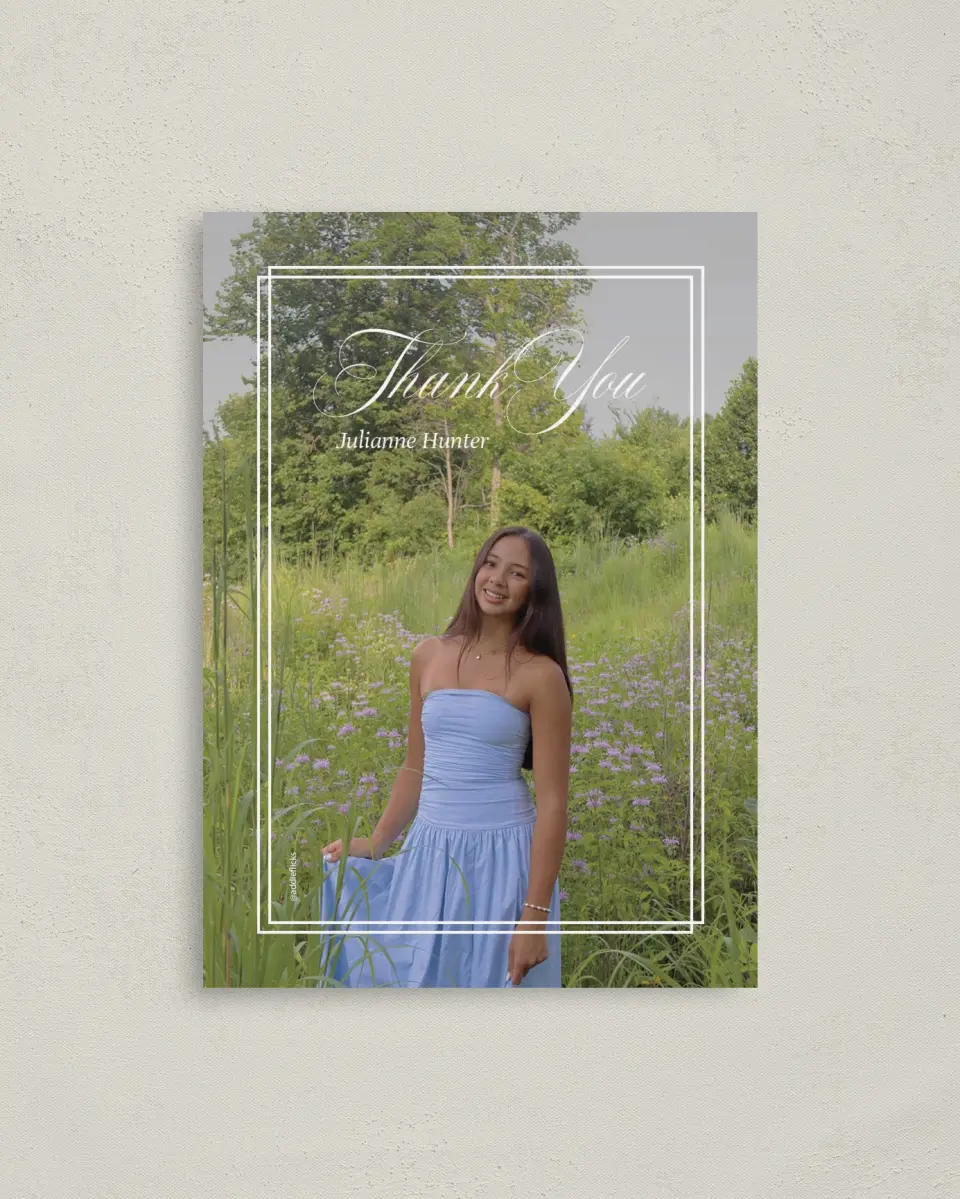 This is a 4" x 5.6" Graduation Thank You Postcard called Elegant Grad printed in full color on Soft Touch Finish paper