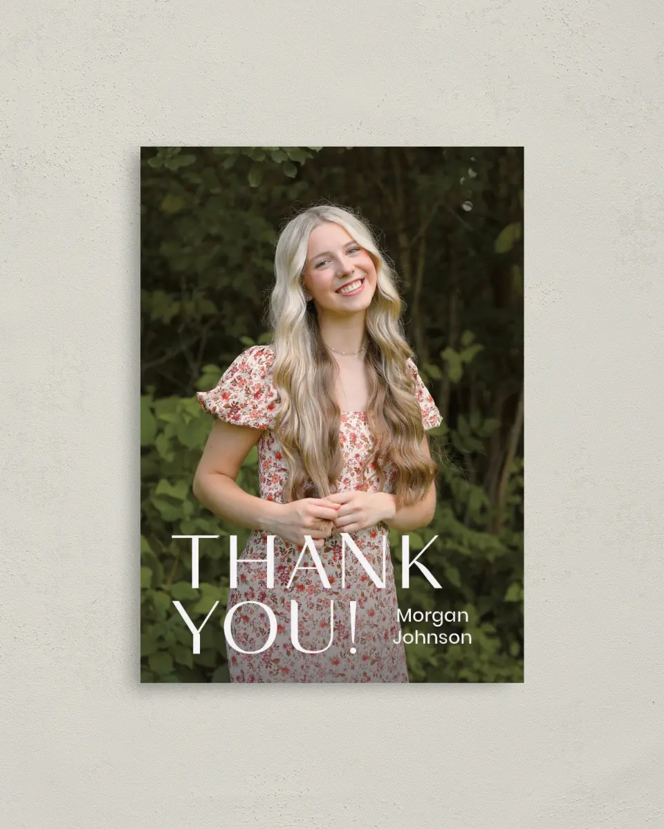 This is a 4" x 5.6" Graduation Thank You Postcard called Spotlight Grad printed in full color with Gold foil on Soft Touch Finish paper