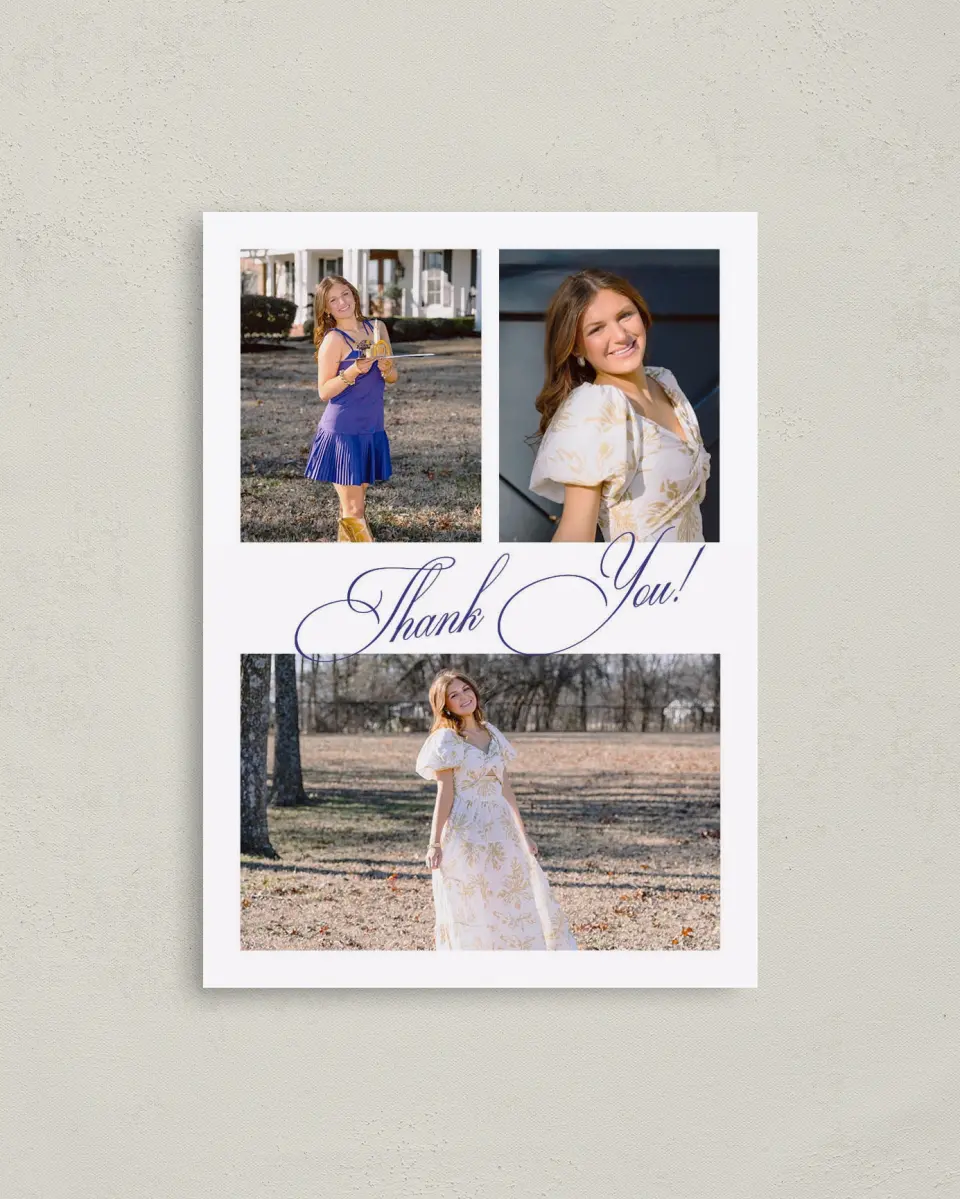 This is a 4" x 5.6" Graduation Thank You Postcard called Elegantly Graduated printed in full color on Soft Touch Finish paper