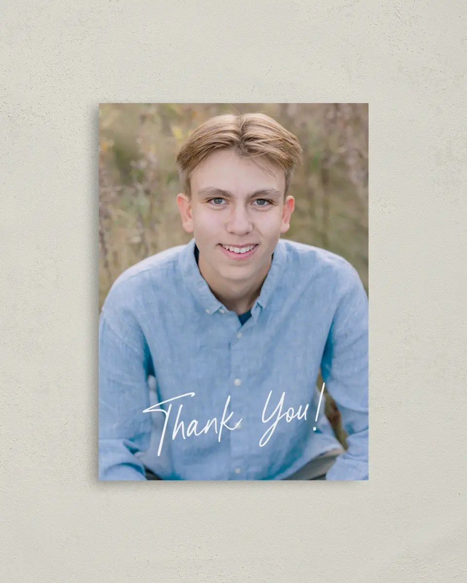 This is a 4" x 5.6" Graduation Thank You Postcard called Simple Grad printed in full color on Soft Touch Finish paper