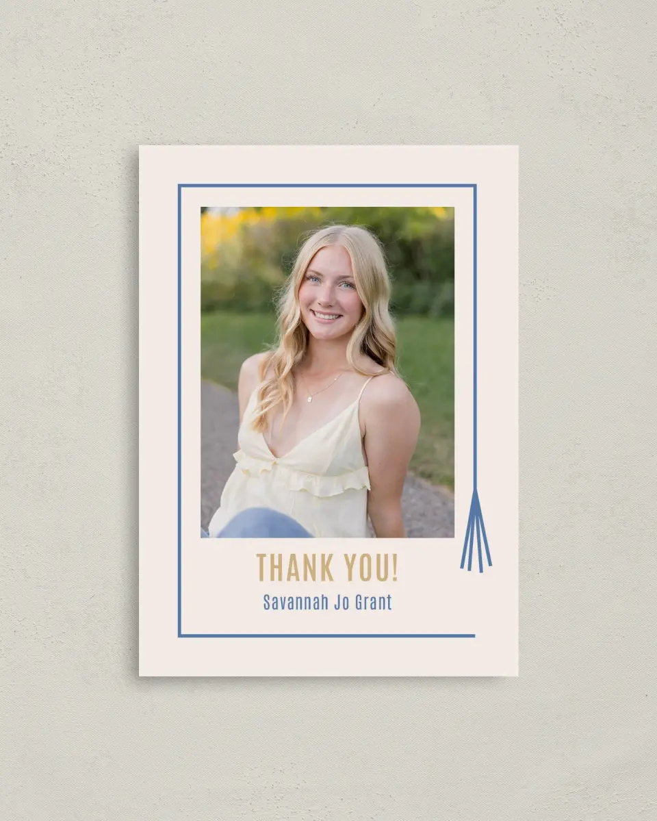 This is a 4" x 5.6" Graduation Thank You Postcard called Turning Tassels printed in full color with Gold foil on Soft Touch Finish paper