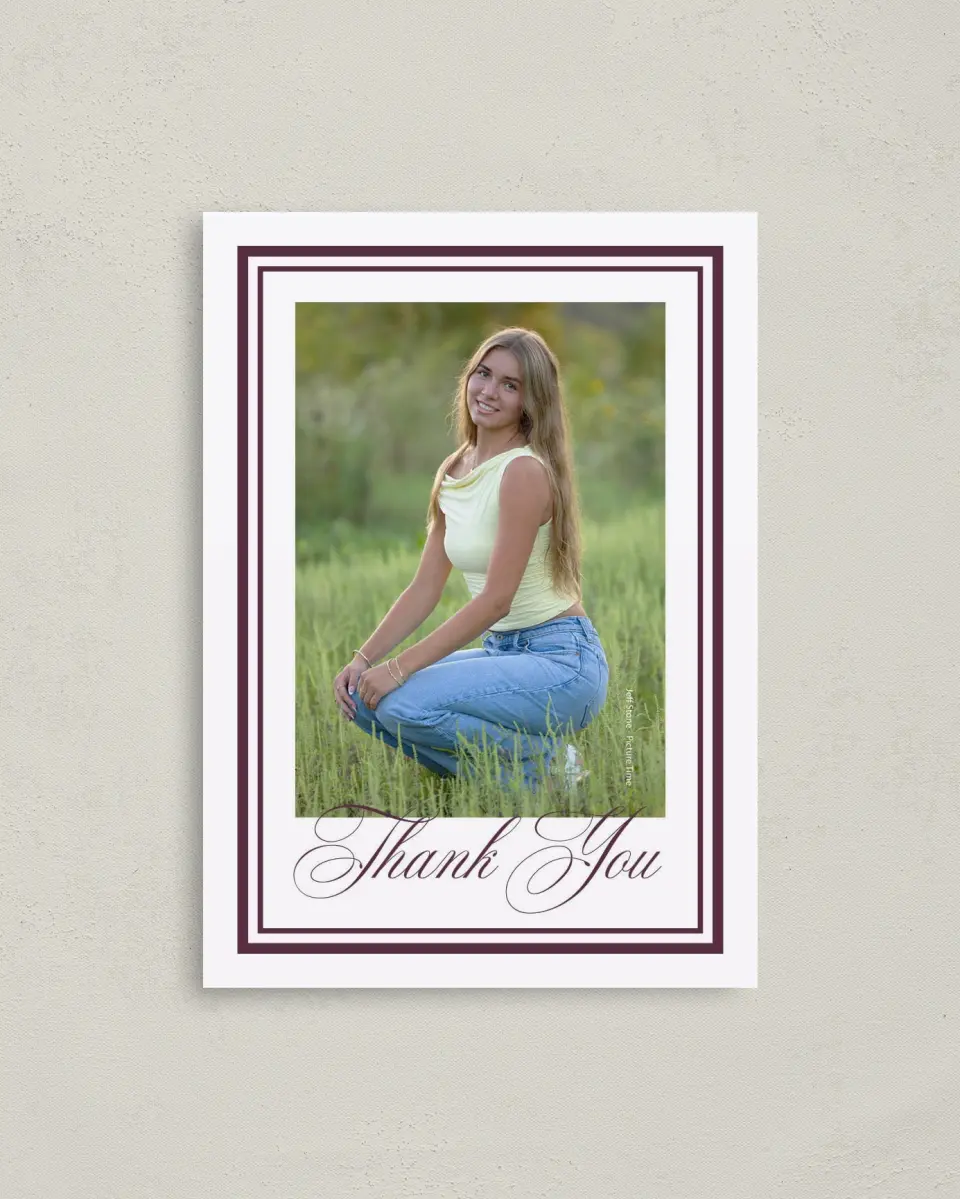 This is a 4" x 5.6" Graduation Thank You Postcard called Timeless Frame printed in full color on Soft Touch Finish paper