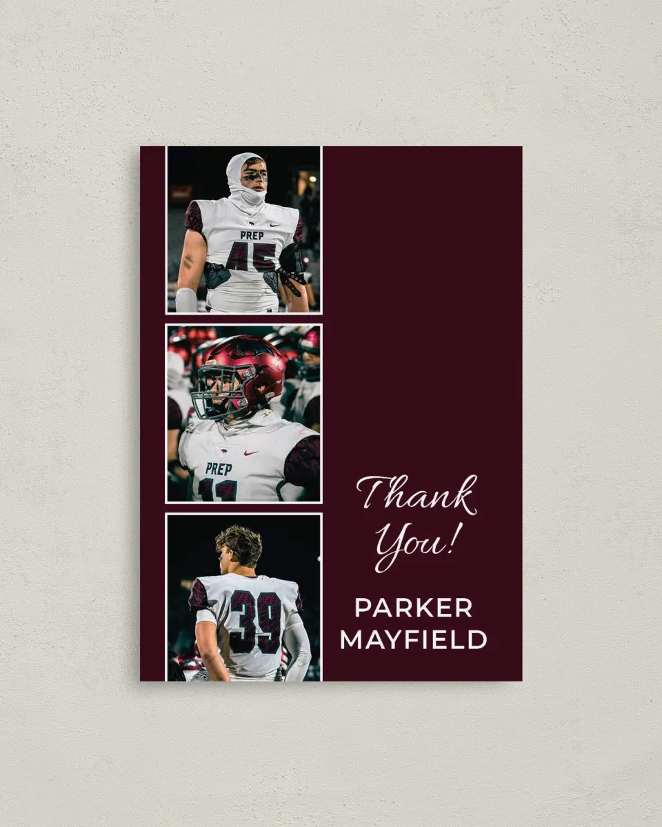 This is a 4" x 5.6" Graduation Thank You Postcard called All Star Graduate printed in full color with Rose Gold foil on Soft Touch Finish paper