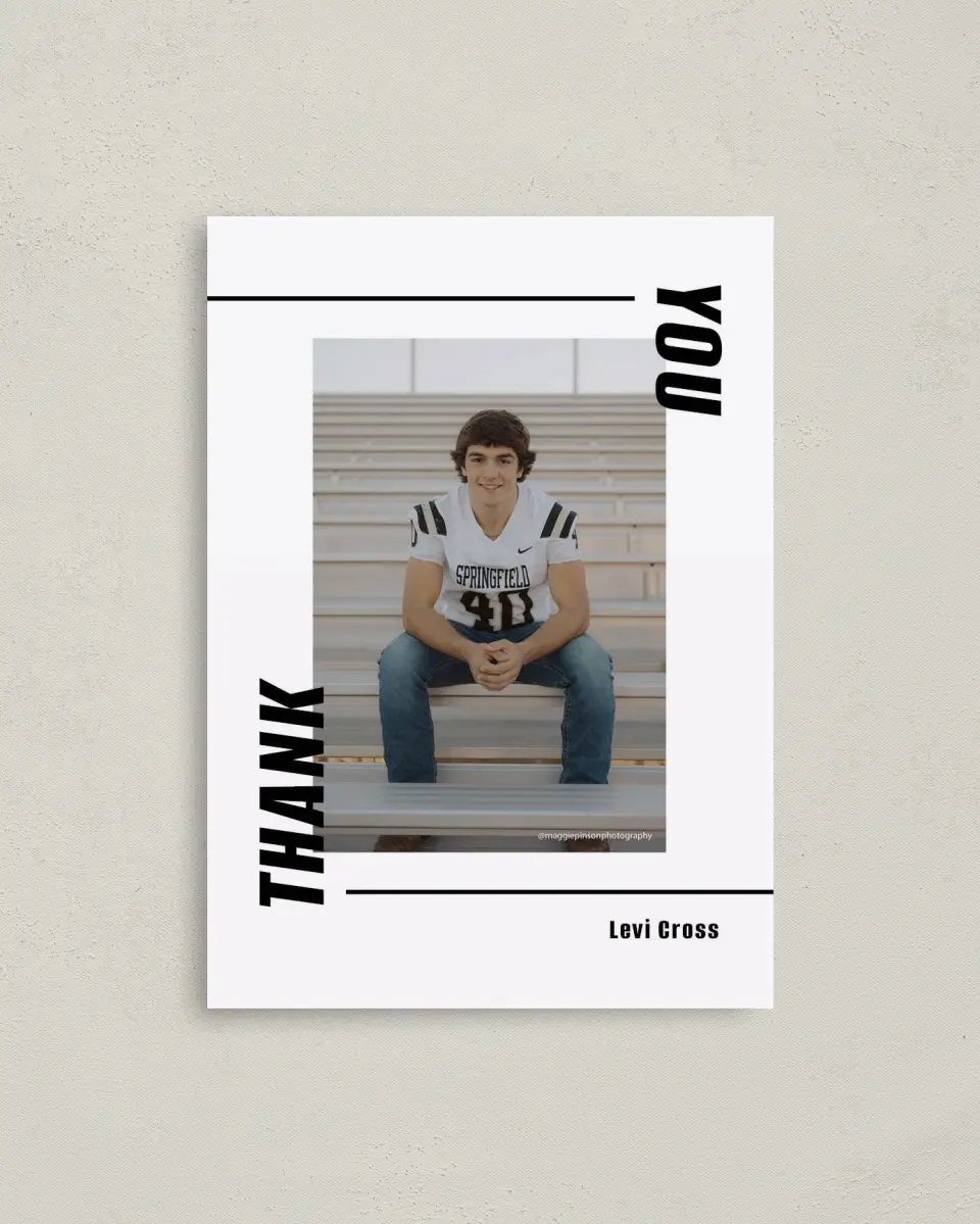 This is a 4" x 5.6" Graduation Thank You Postcard called Go Long printed in full color on Soft Touch Finish paper
