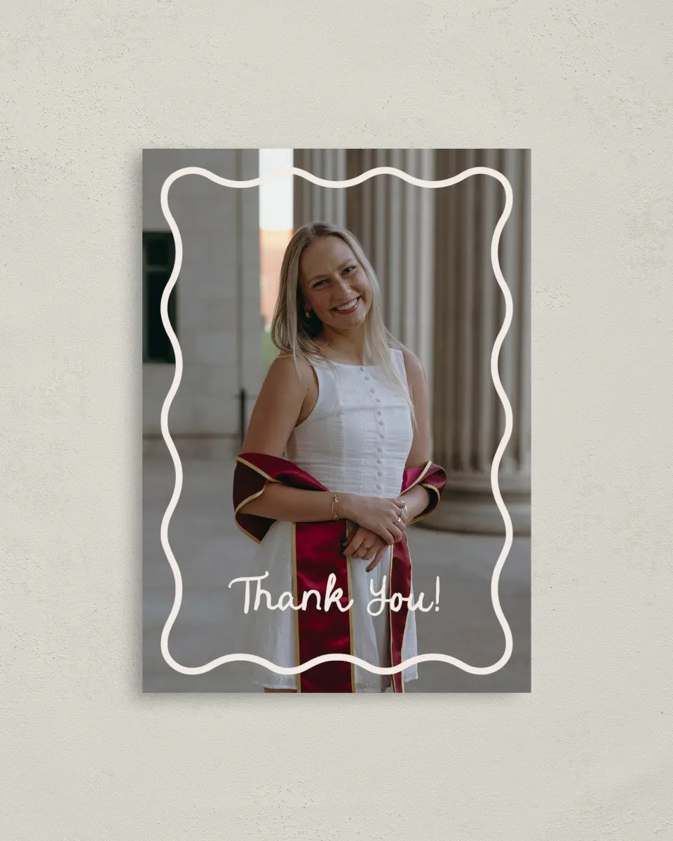 This is a 4" x 5.6" Graduation Thank You Postcard called Walking the Stage printed in full color on Soft Touch Finish paper