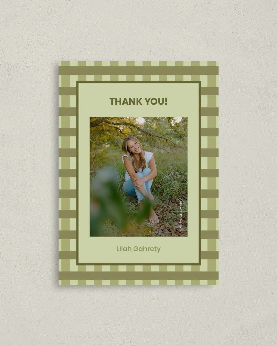 This is a 4" x 5.6" Graduation Thank You Postcard called Ivy Bound printed in full color with Gold foil on Soft Touch Finish paper
