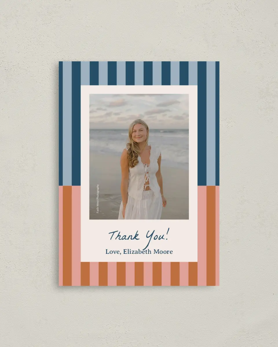 This is a 4" x 5.6" Graduation Thank You Postcard called Scholarly Stripes printed in full color with Gold foil on Soft Touch Finish paper