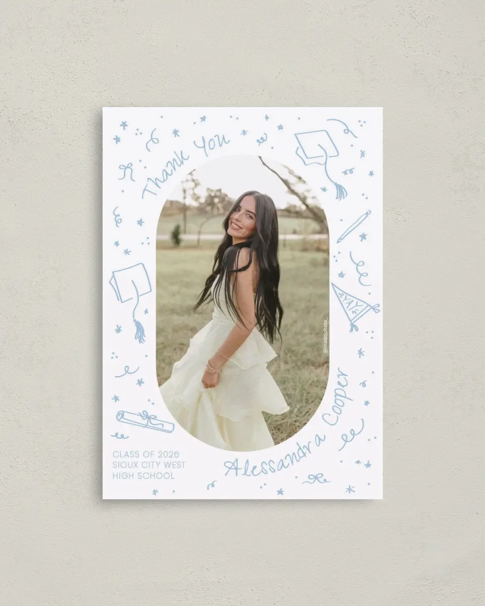 This is a 4" x 5.6" Graduation Thank You Postcard called Doodles in the Margin printed in full color on Soft Touch Finish paper