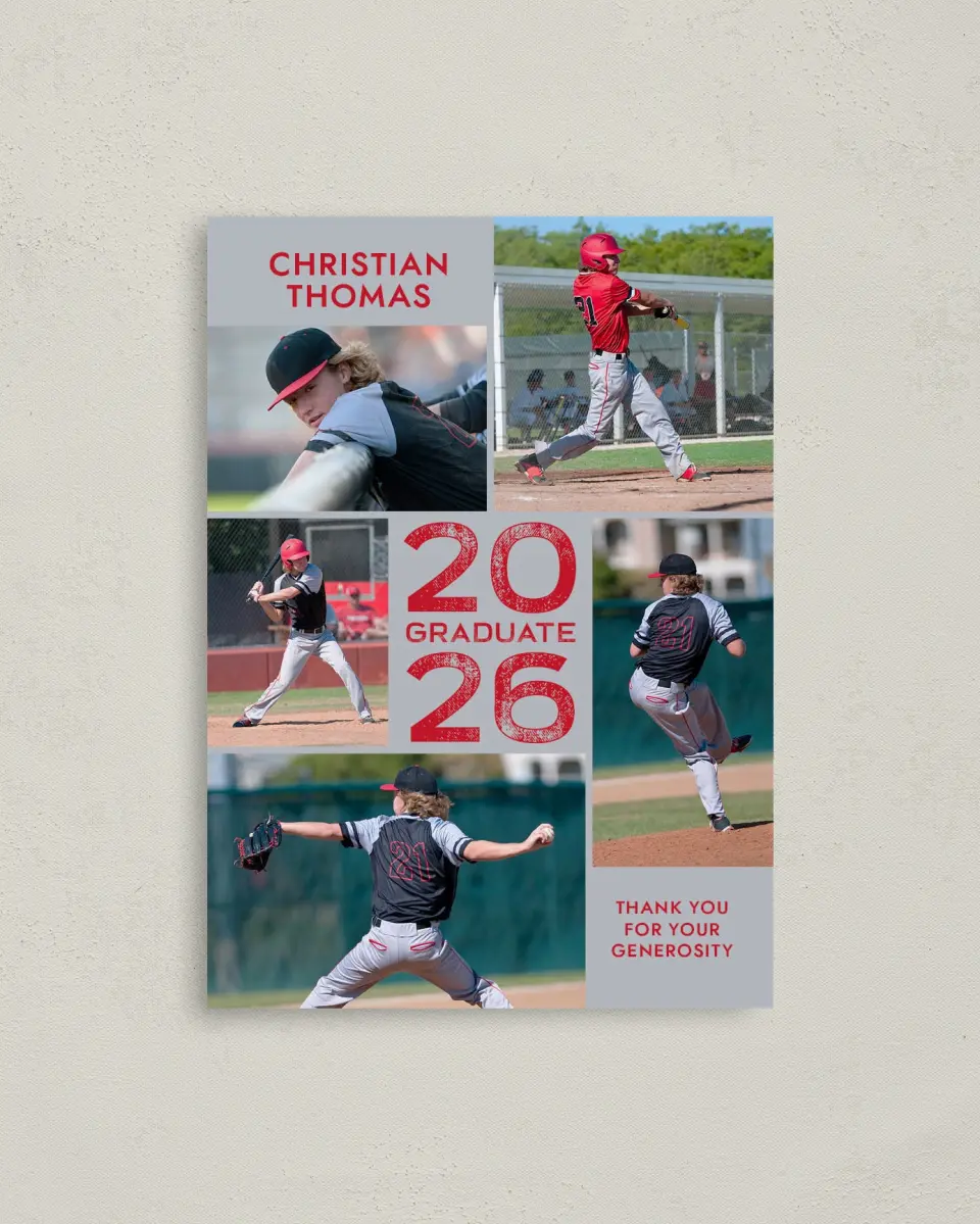 This is a 4" x 5.6" Graduation Thank You Postcard called Big Hitter printed in full color on Soft Touch Finish paper
