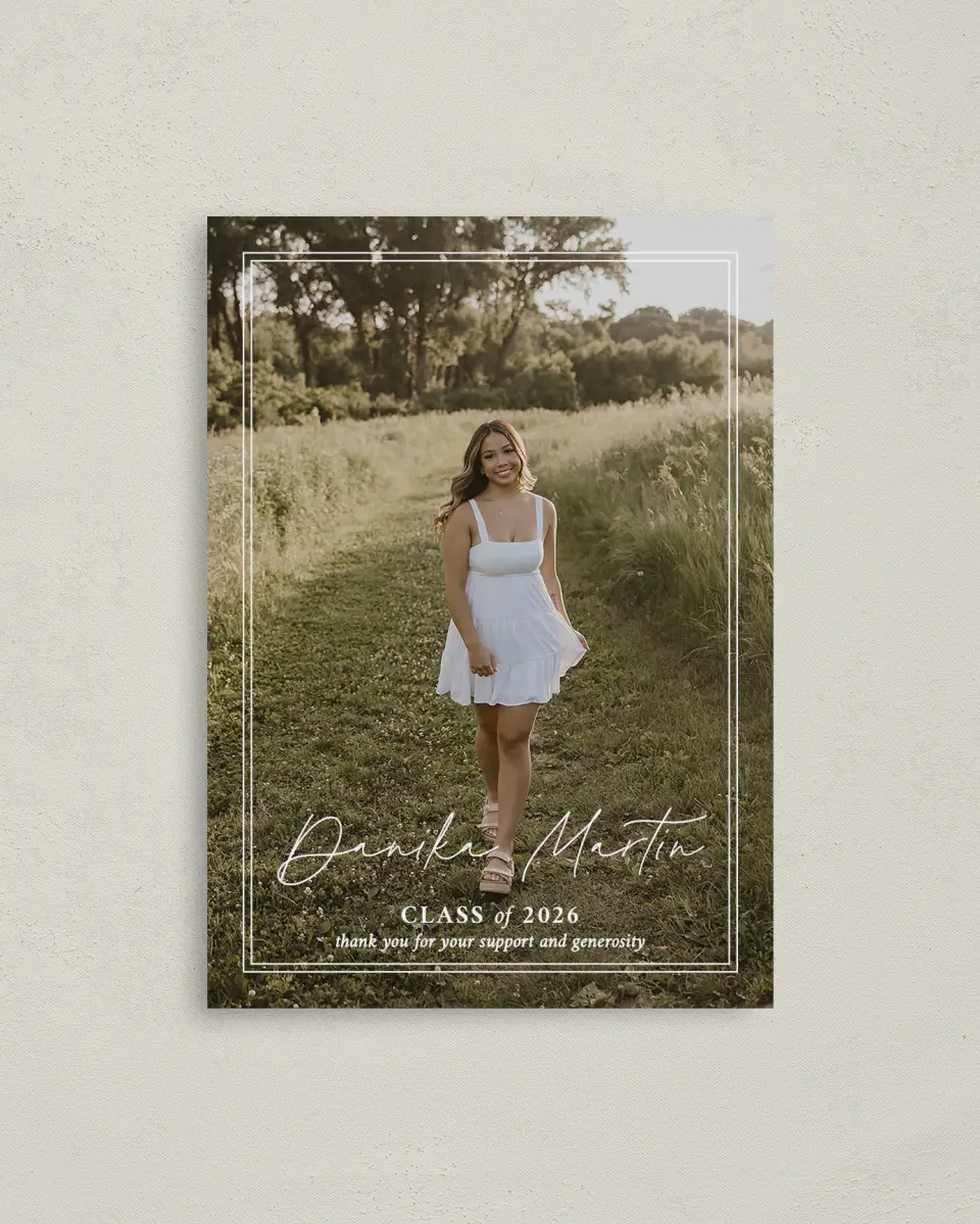 This is a 4" x 5.6" Graduation Thank You Postcard called Monumental Moment printed in full color on Soft Touch Finish paper
