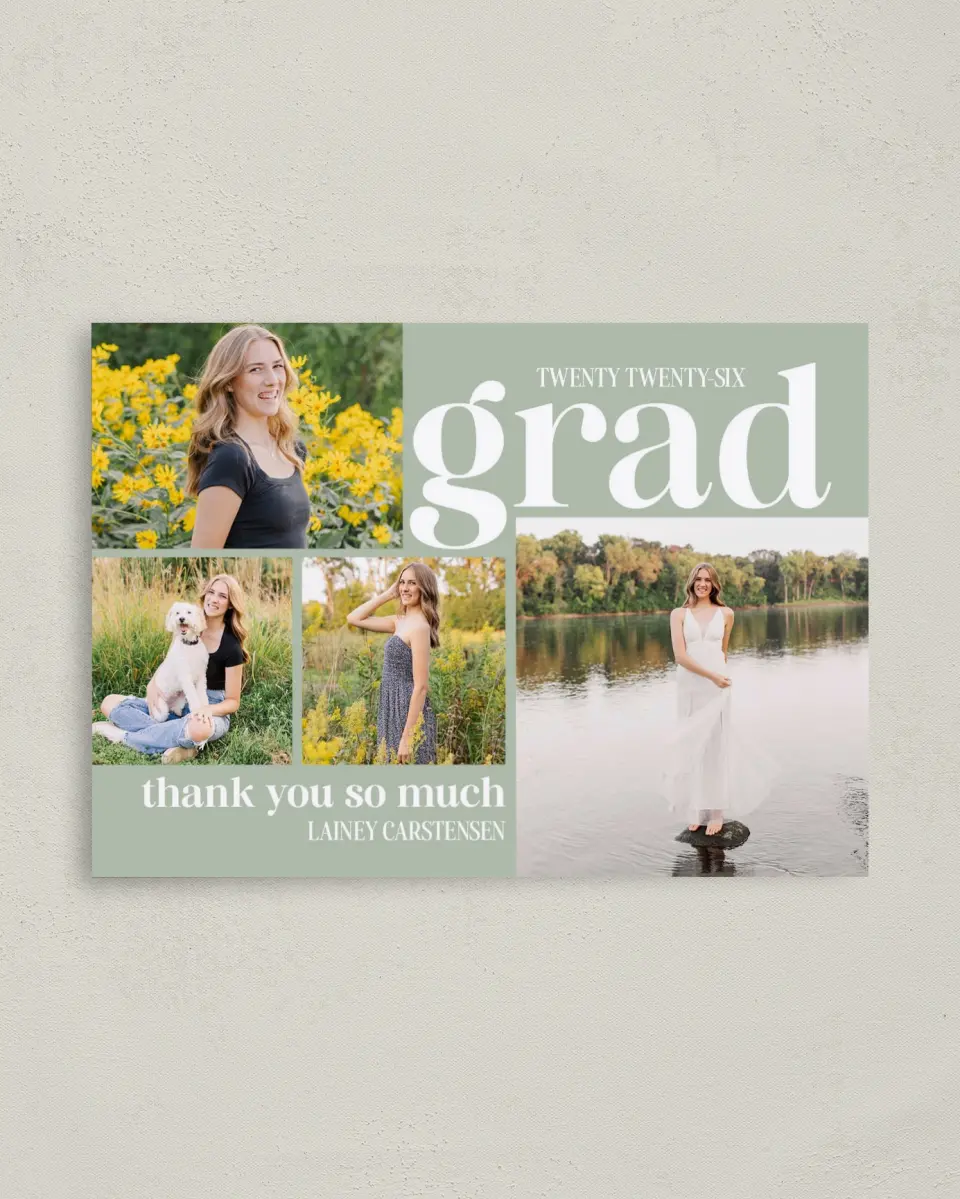 This is a 4" x 5.6" Graduation Thank You Postcard called Sweet Smiles printed in full color on Soft Touch Finish paper
