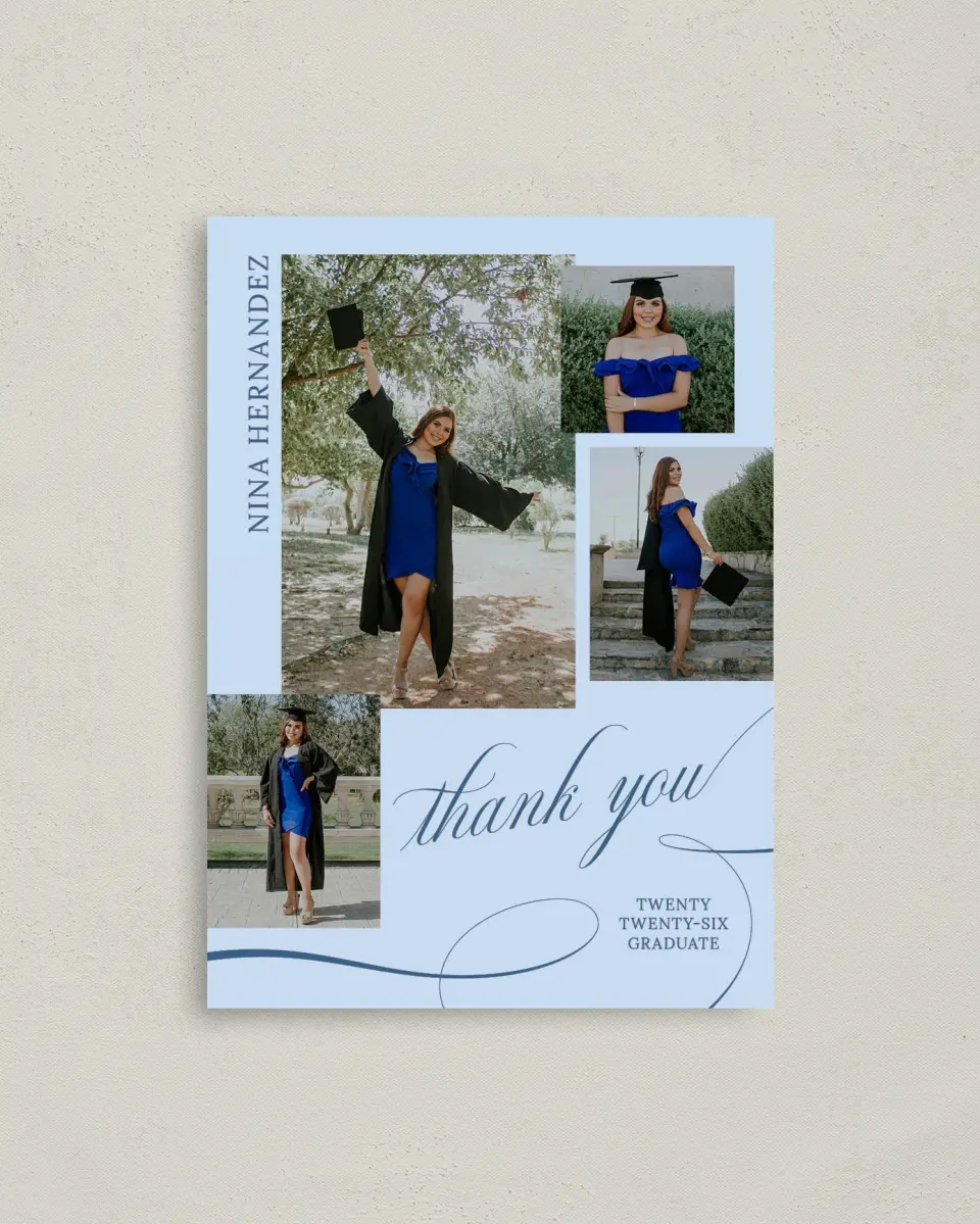This is a 4" x 5.6" Graduation Thank You Postcard called The End of an Era printed in full color on Soft Touch Finish paper