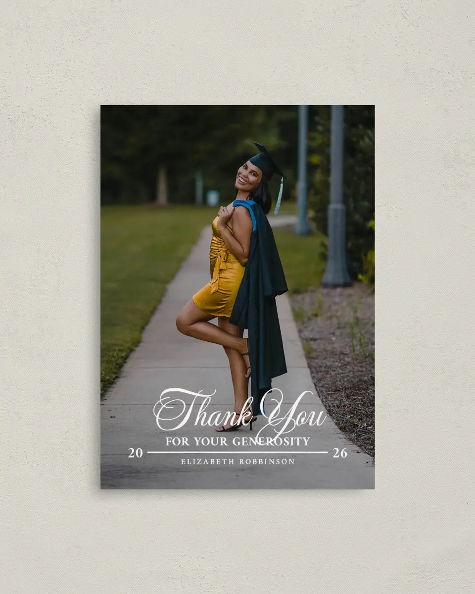 This is a 4" x 5.6" Graduation Thank You Postcard called The Right Path printed in full color with Rose Gold foil on Soft Touch Finish paper