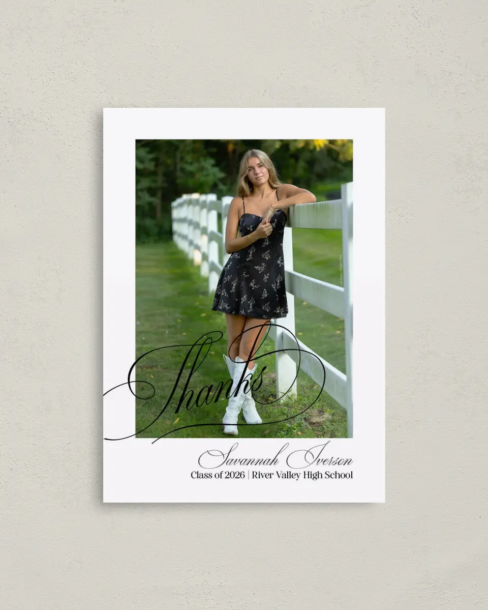 This is a 4" x 5.6" Graduation Thank You Postcard called Smart & Classy printed in full color with Rose Gold foil on Soft Touch Finish paper