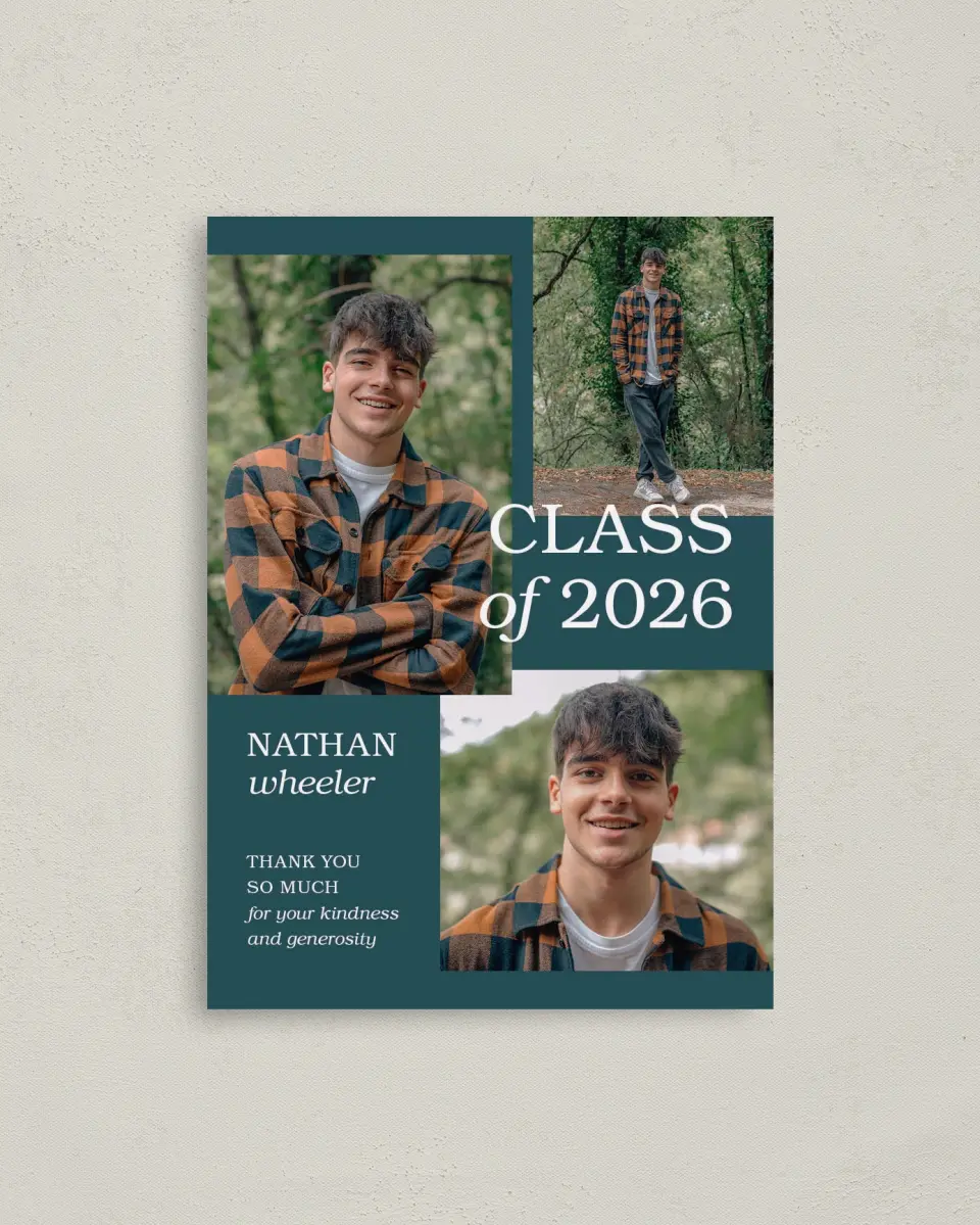 This is a 4" x 5.6" Graduation Thank You Postcard called Sky's the Limit printed in full color on Soft Touch Finish paper