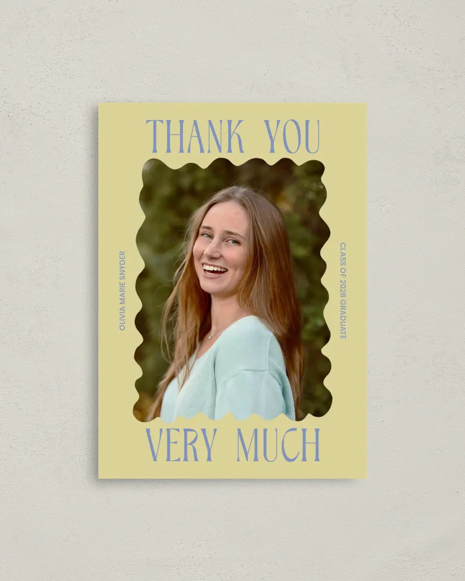 This is a 4" x 5.6" Graduation Thank You Postcard called Funky Colorful Cute printed in full color on Soft Touch Finish paper