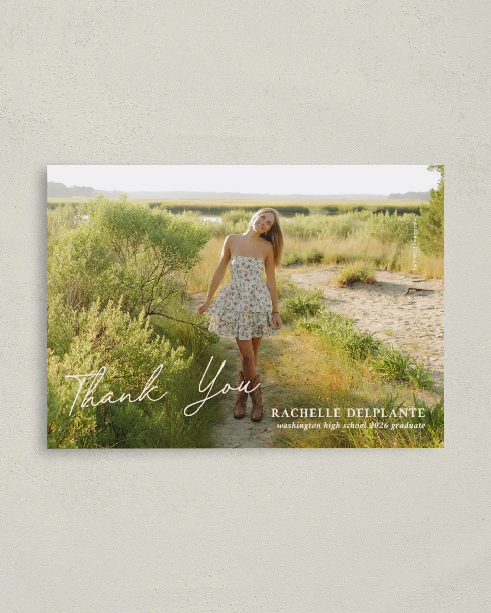 This is a 4" x 5.6" Graduation Thank You Postcard called Wholesome Grad printed in full color on Soft Touch Finish paper