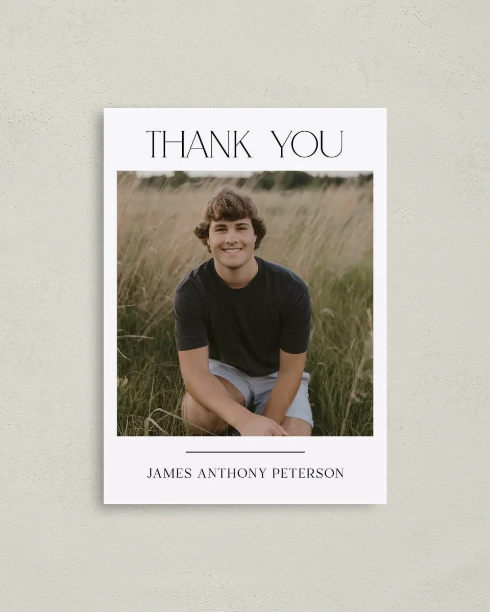 This is a 4" x 5.6" Graduation Thank You Postcard called Most Classic printed in full color with Rose Gold foil on Soft Touch Finish paper