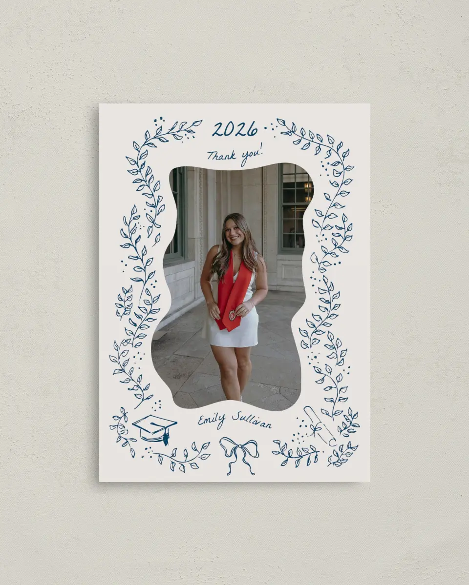 This is a 4" x 5.6" Graduation Thank You Postcard called Whimsical Grad printed in full color with Gold foil on Soft Touch Finish paper
