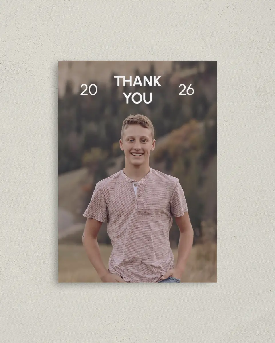 This is a 4" x 5.6" Graduation Thank You Postcard called Simple Graduate printed in full color with Rose Gold foil on Soft Touch Finish paper