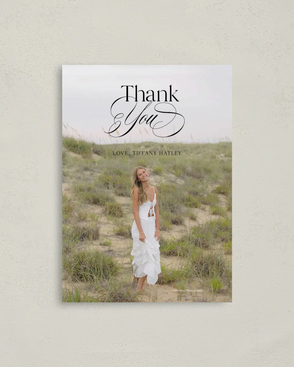 This is a 4" x 5.6" Graduation Thank You Postcard called Graduate Script printed in full color on Soft Touch Finish paper