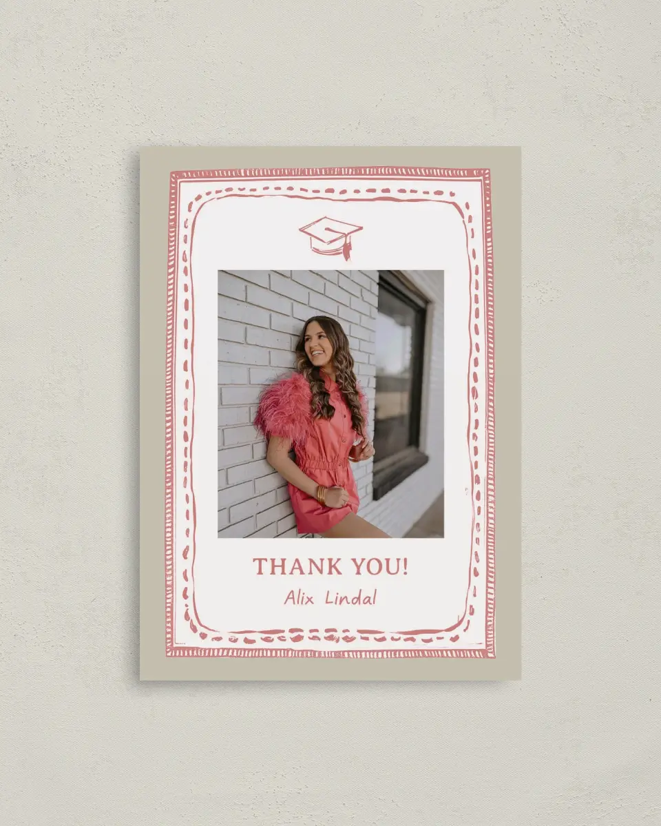 This is a 4" x 5.6" Graduation Thank You Postcard called Grad Frame Art printed in full color with Gold foil on Soft Touch Finish paper
