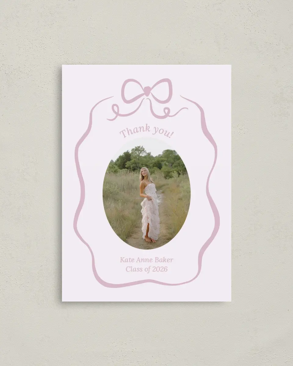 This is a 4" x 5.6" Graduation Thank You Postcard called Bow Grad printed in full color with Gold foil on Soft Touch Finish paper