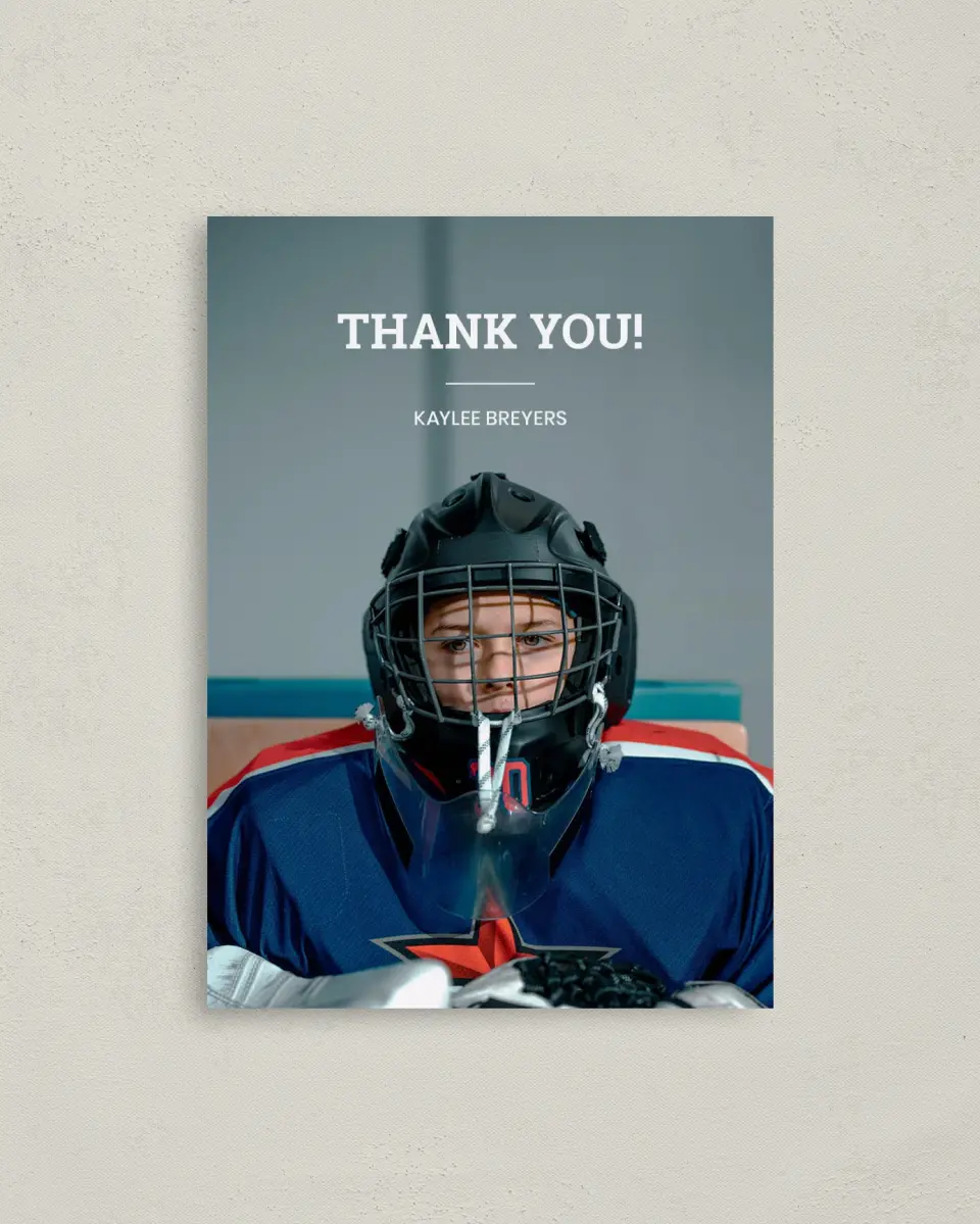 This is a 4" x 5.6" Graduation Thank You Postcard called Sports Graduate printed in full color on Soft Touch Finish paper