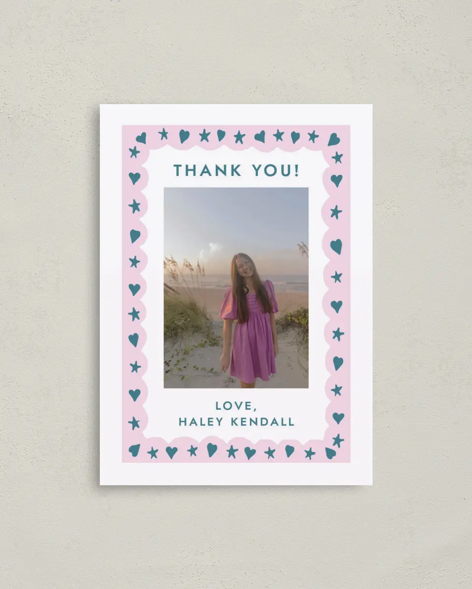 This is a 4" x 5.6" Graduation Thank You Postcard called Fun Grad printed in full color with Gold foil on Soft Touch Finish paper