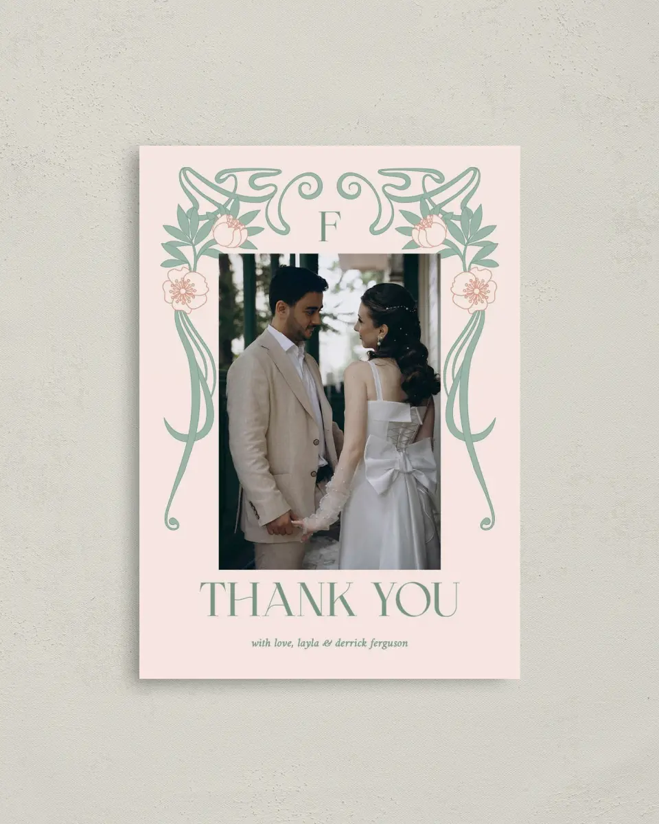 This is a 4" x 5.6" Thank You Postcard called Vintage Dream printed in full color on Soft Touch Finish paper