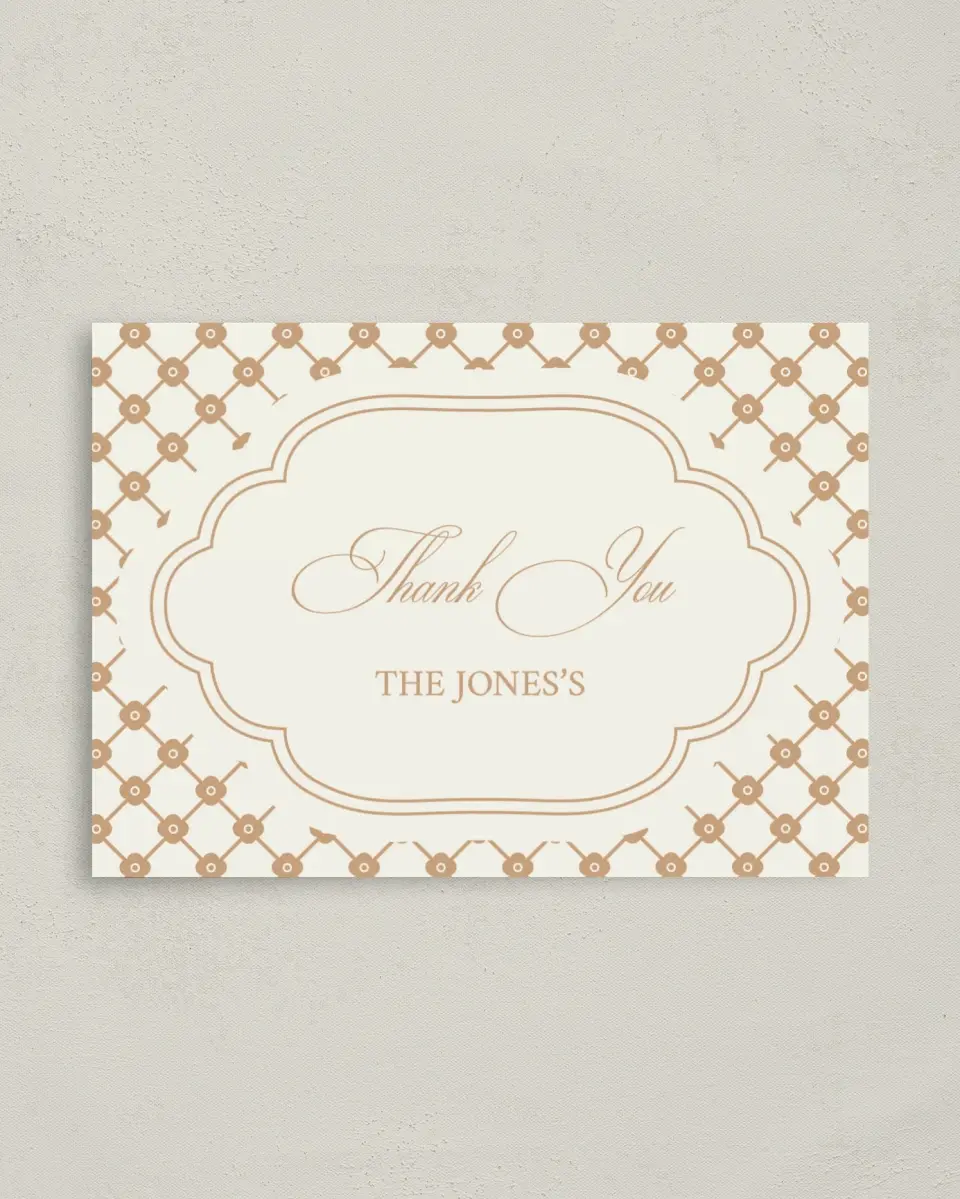 This is a 4" x 5.6" Thank You Postcard called Beaded Veil printed in full color with Gold foil on Soft Touch Finish paper