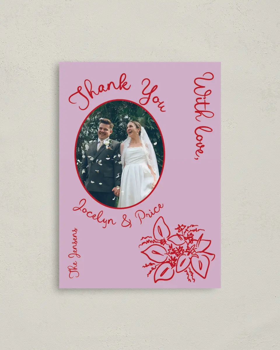 This is a 4" x 5.6" Thank You Postcard called Flourishing Love printed in full color on Soft Touch Finish paper