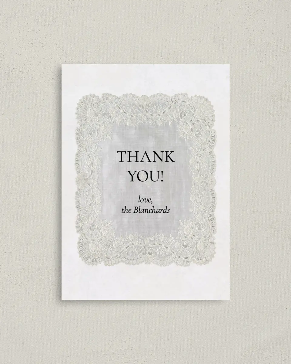 This is a 4" x 5.6" Thank You Postcard called Trimmed Lace printed in full color with Gold foil on Soft Touch Finish paper
