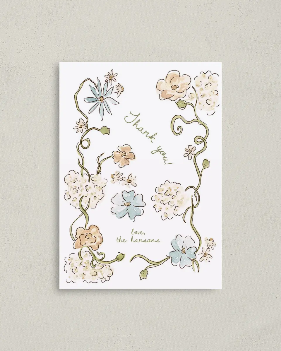 This is a 4" x 5.6" Thank You Postcard called Soft Garden Vows printed in full color with Gold foil on Soft Touch Finish paper