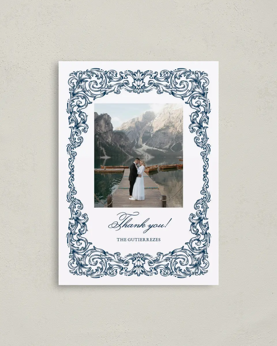 This is a 4" x 5.6" Thank You Postcard called Heirloom Crest printed in full color on Soft Touch Finish paper