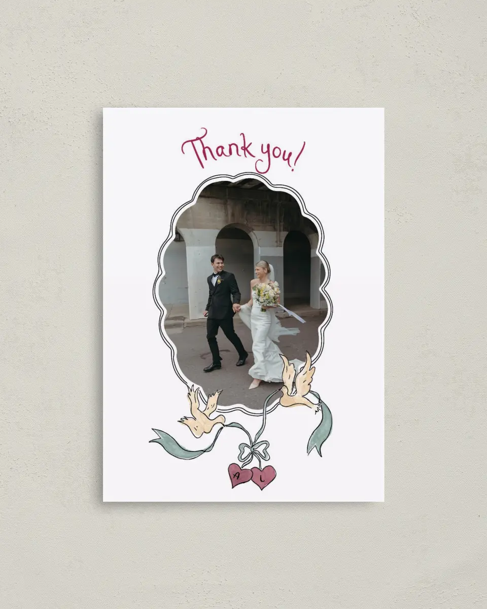 This is a 4" x 5.6" Thank You Postcard called Love Dove printed in full color on Soft Touch Finish paper