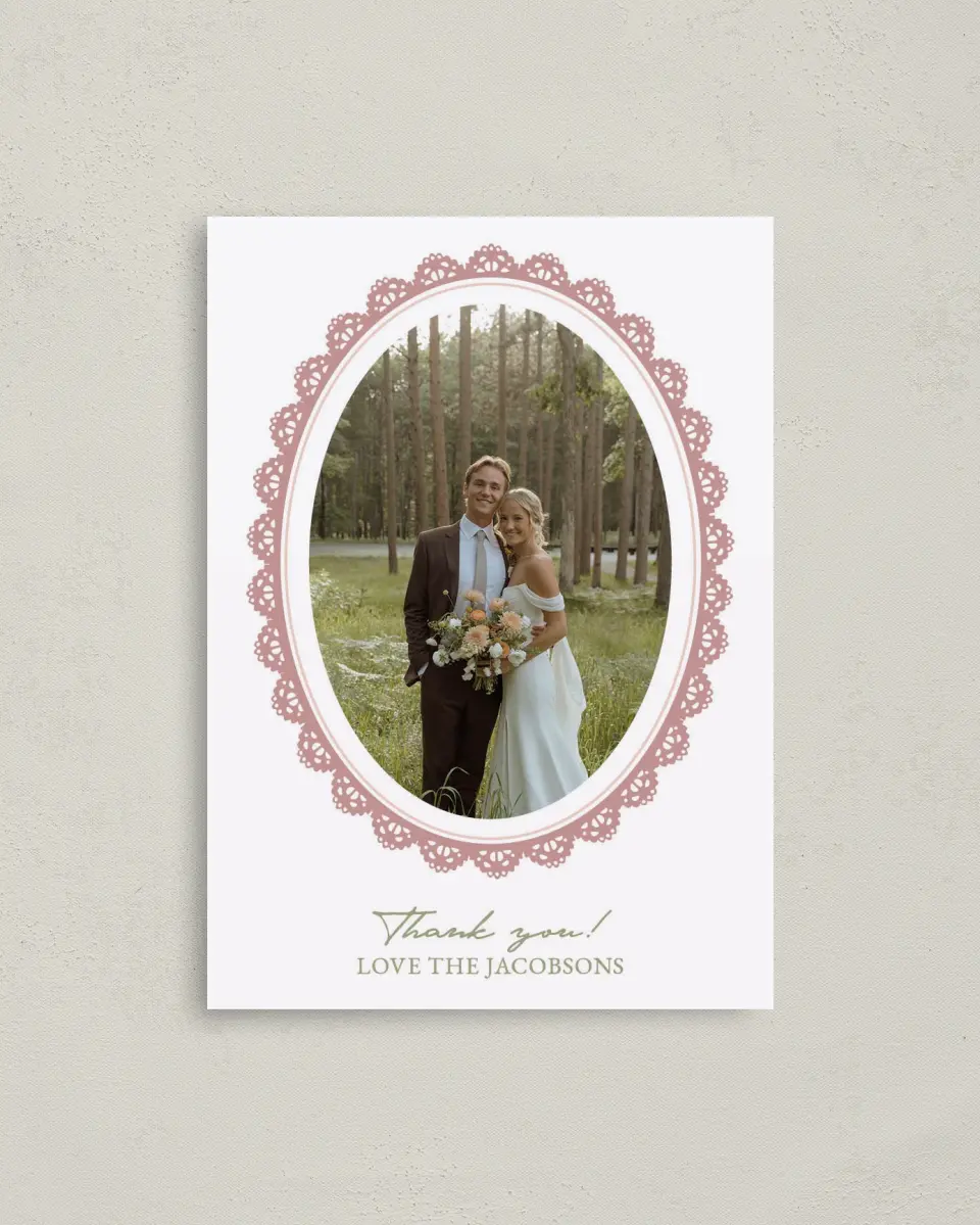 This is a 4" x 5.6" Thank You Postcard called Verdant Romance printed in full color on Soft Touch Finish paper