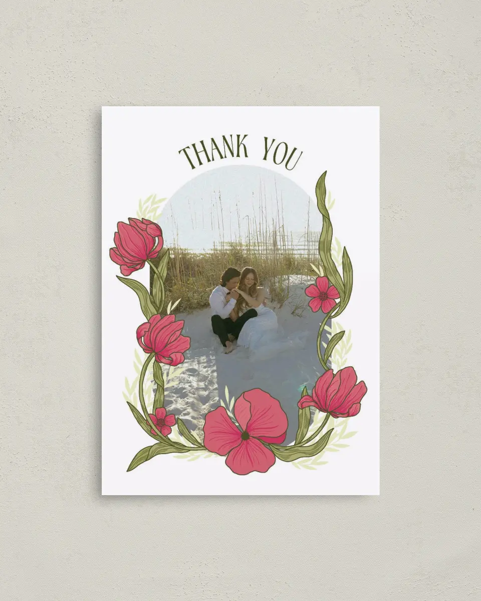 This is a 4" x 5.6" Thank You Postcard called Nouveau Romance printed in full color with Rose Gold foil on Soft Touch Finish paper