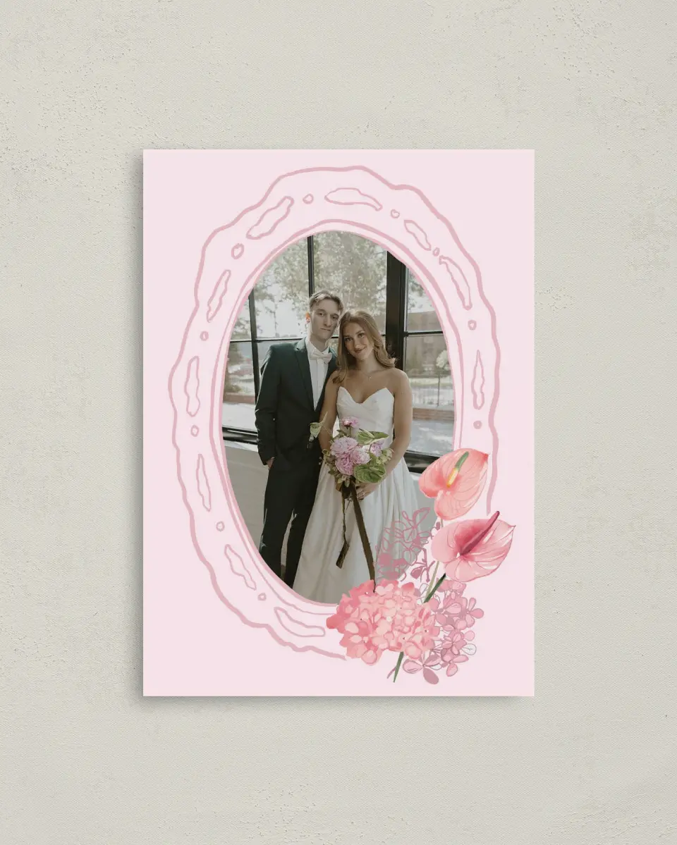 This is a 4" x 5.6" Thank You Postcard called Blushing Whimsy printed in full color on Soft Touch Finish paper