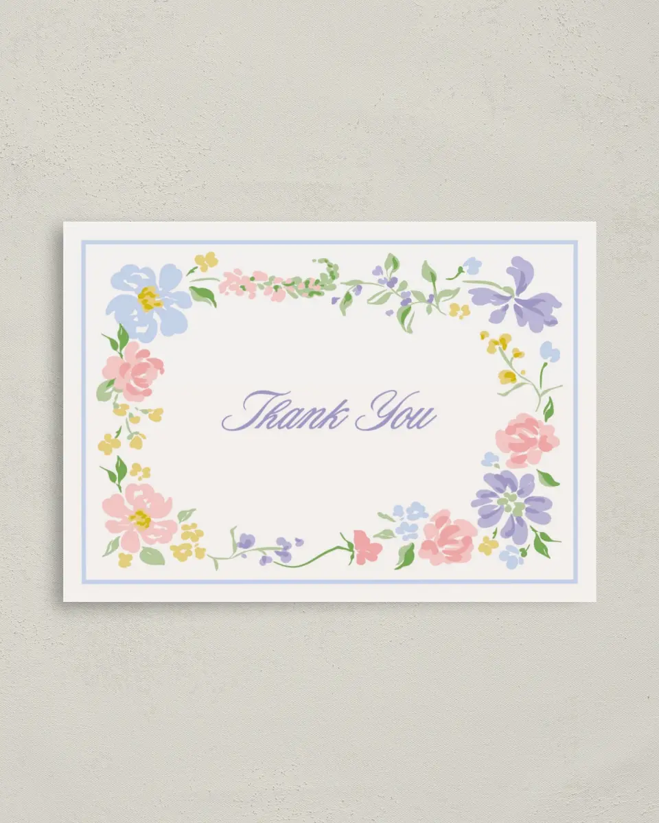 This is a 4" x 5.6" Thank You Postcard called Gentle Garden printed in full color with Gold foil on Soft Touch Finish paper