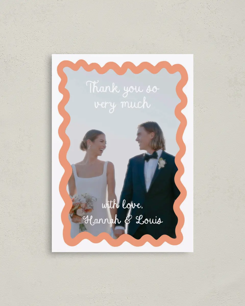This is a 4" x 5.6" Thank You Postcard called Wavy Love printed in full color on Soft Touch Finish paper