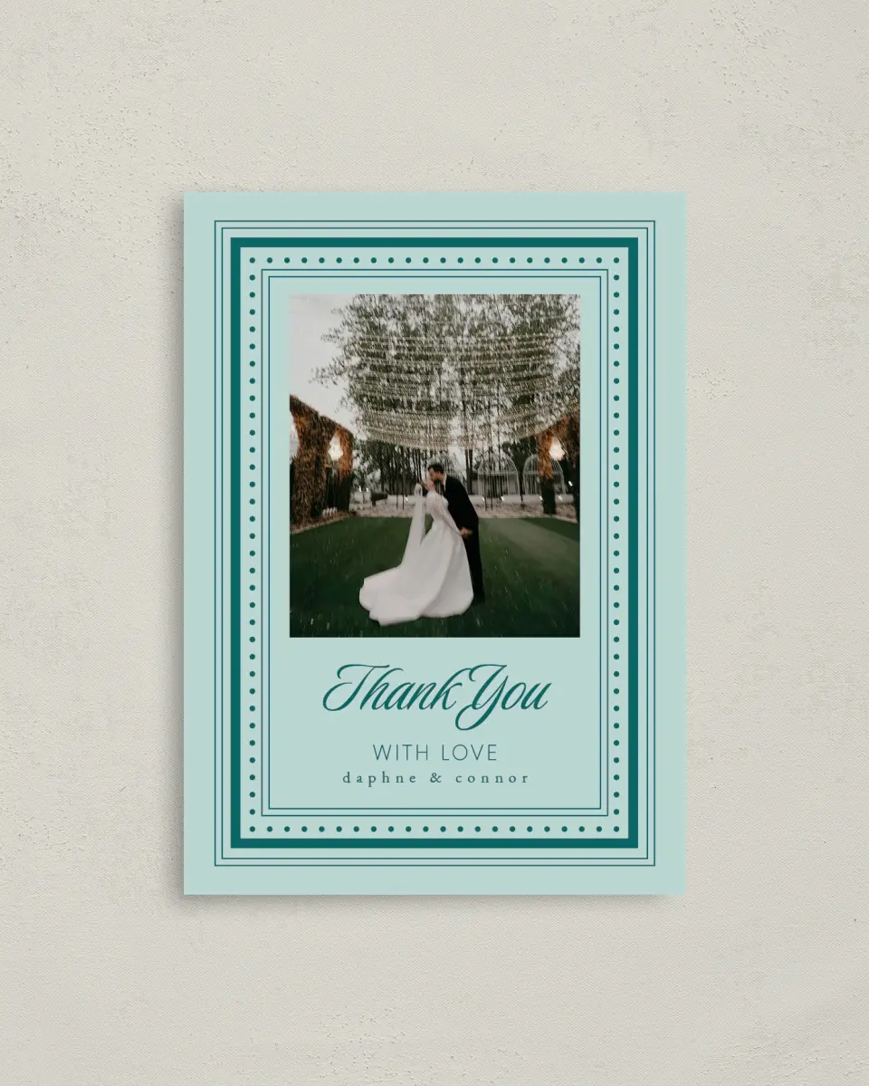 This is a 4" x 5.6" Thank You Postcard called Faithful Frame printed in full color with Silver foil on Soft Touch Finish paper