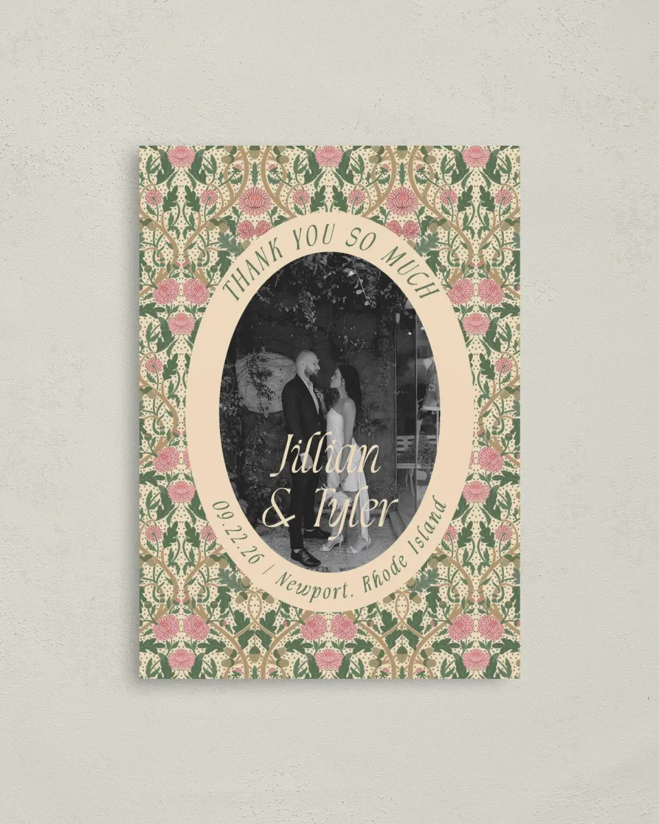 This is a 4" x 5.6" Thank You Postcard called Regal Garden printed in full color on Soft Touch Finish paper