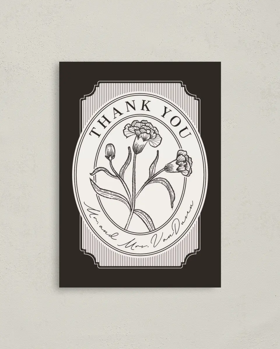 This is a 4" x 5.6" Thank You Postcard called Opulent Endearment printed in full color with Gold foil on Soft Touch Finish paper