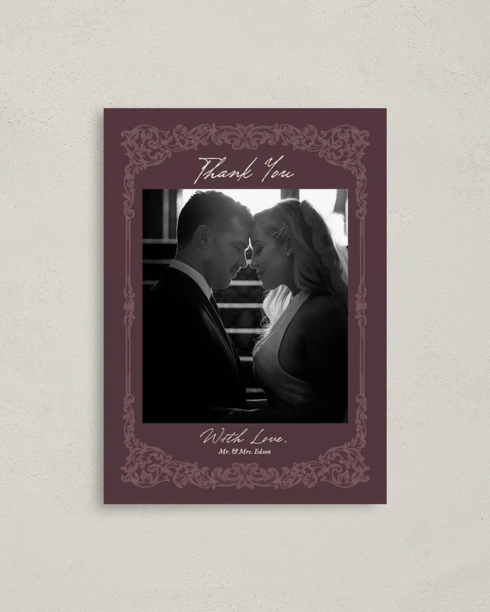This is a 4" x 5.6" Thank You Postcard called Victorian Aura printed in full color on Soft Touch Finish paper