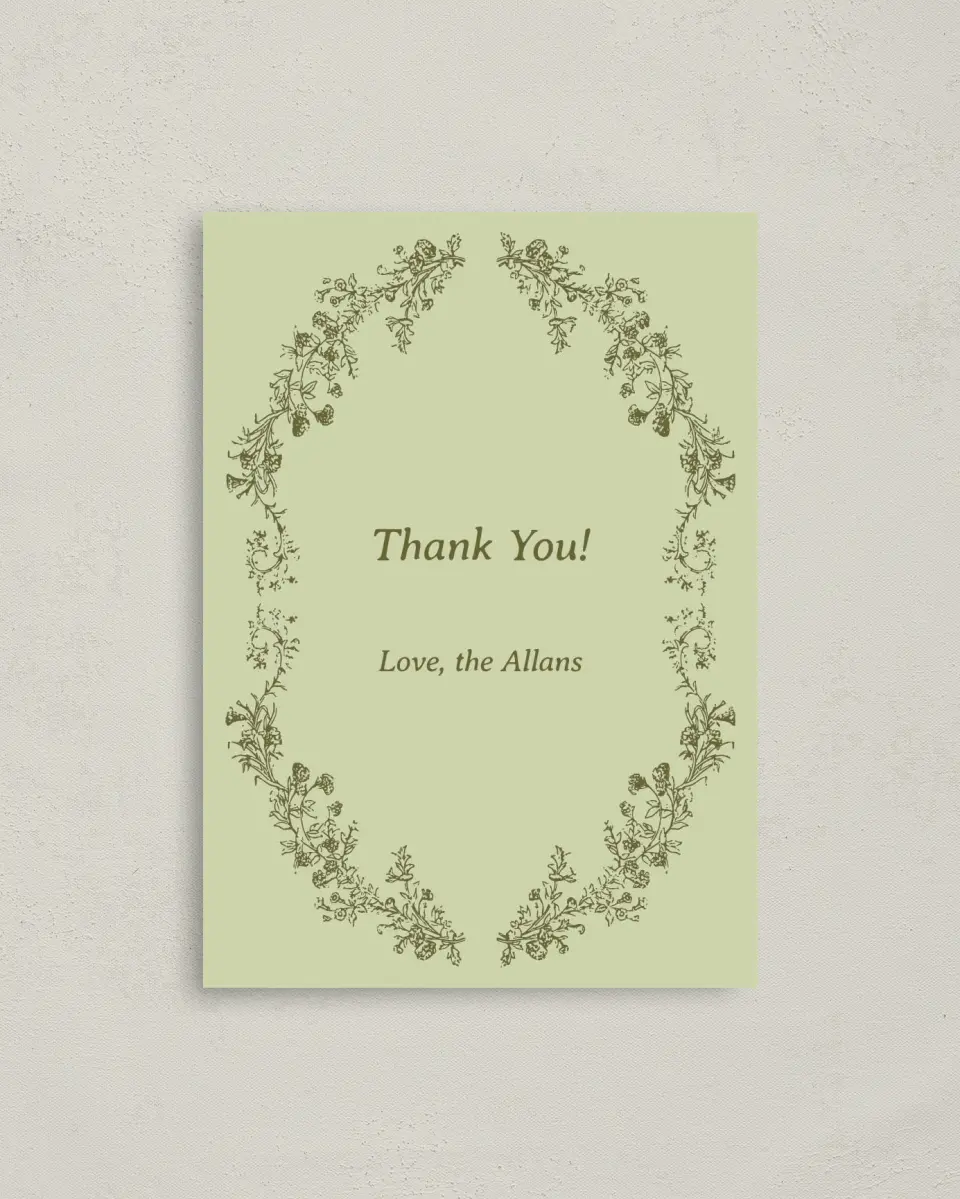 This is a 4" x 5.6" Thank You Postcard called Vintage Chinoiserie printed in full color with Gold foil on Soft Touch Finish paper