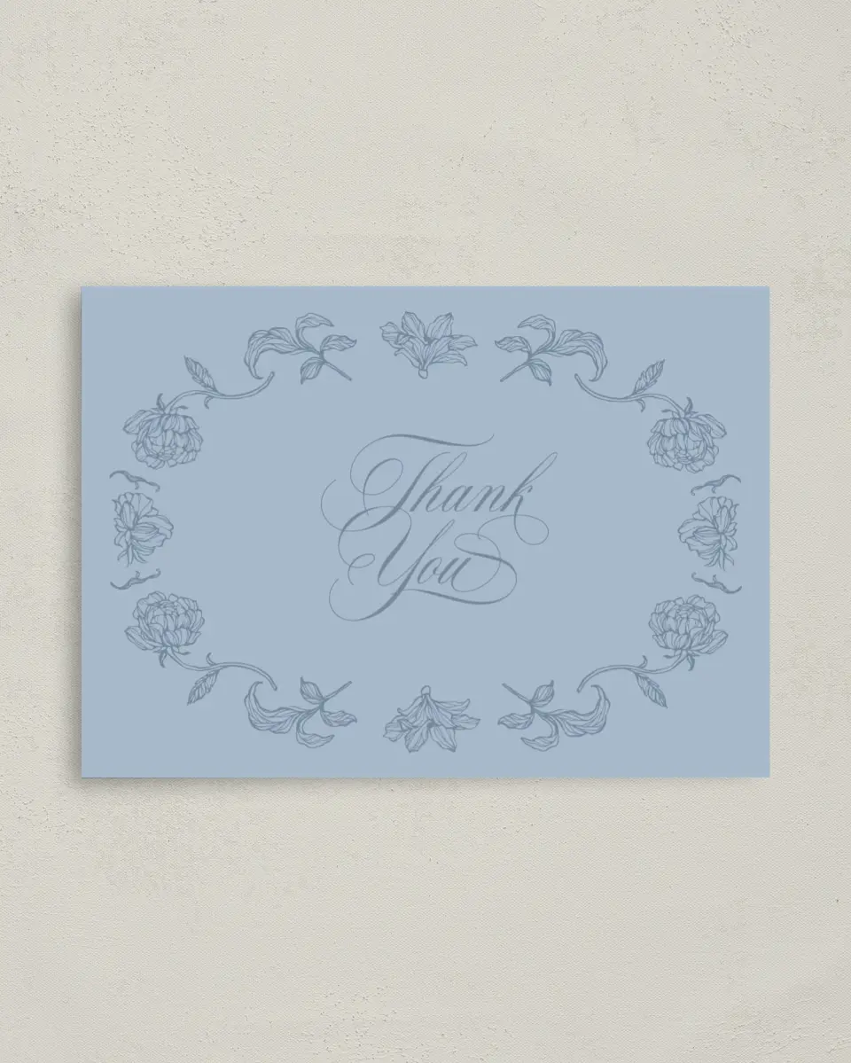 This is a 4" x 5.6" Thank You Postcard called Pressed Petals printed in full color with Gold foil on Soft Touch Finish paper