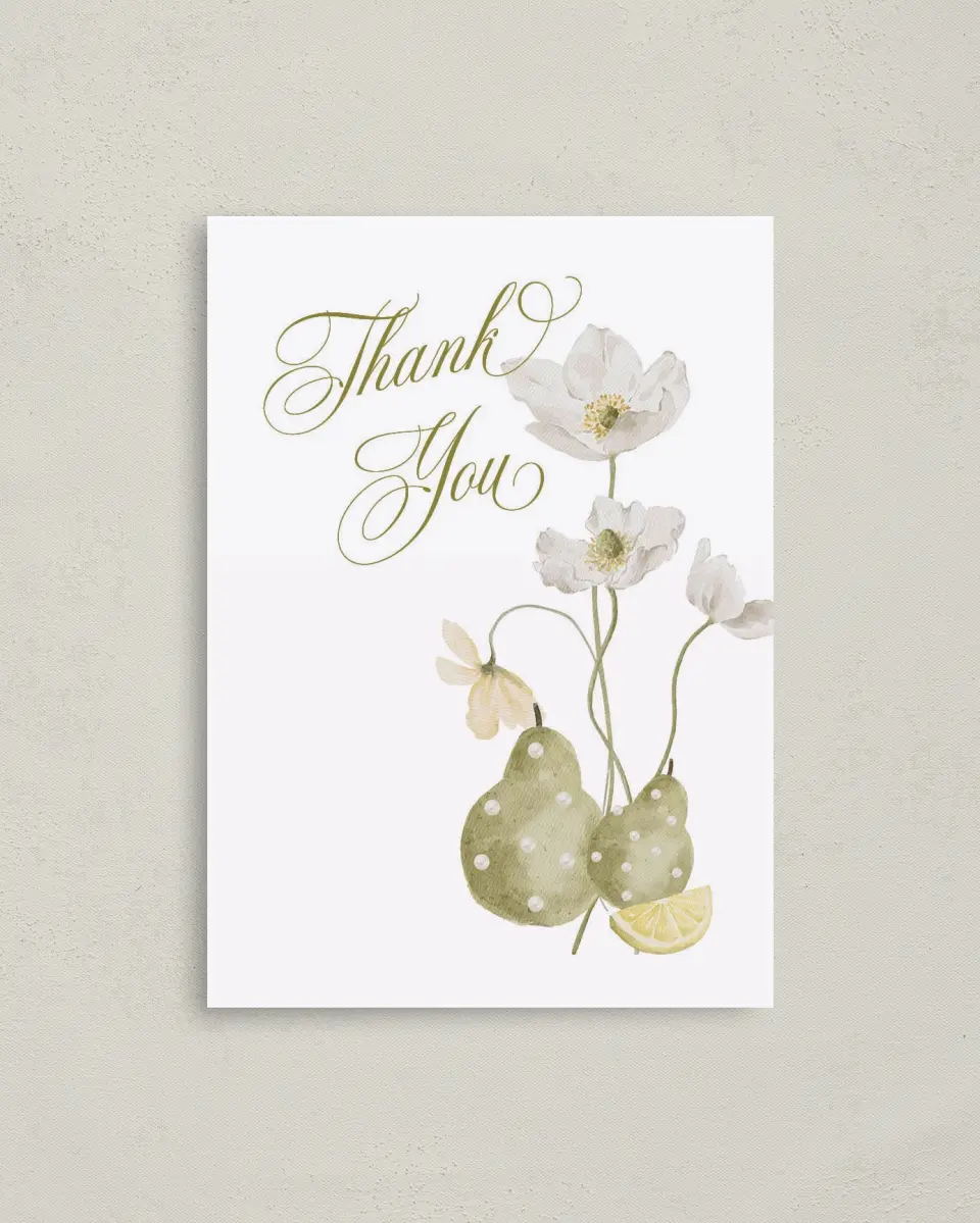 This is a 4" x 5.6" Newlywed called Perfect Pear printed in full color on Soft Touch Finish paper